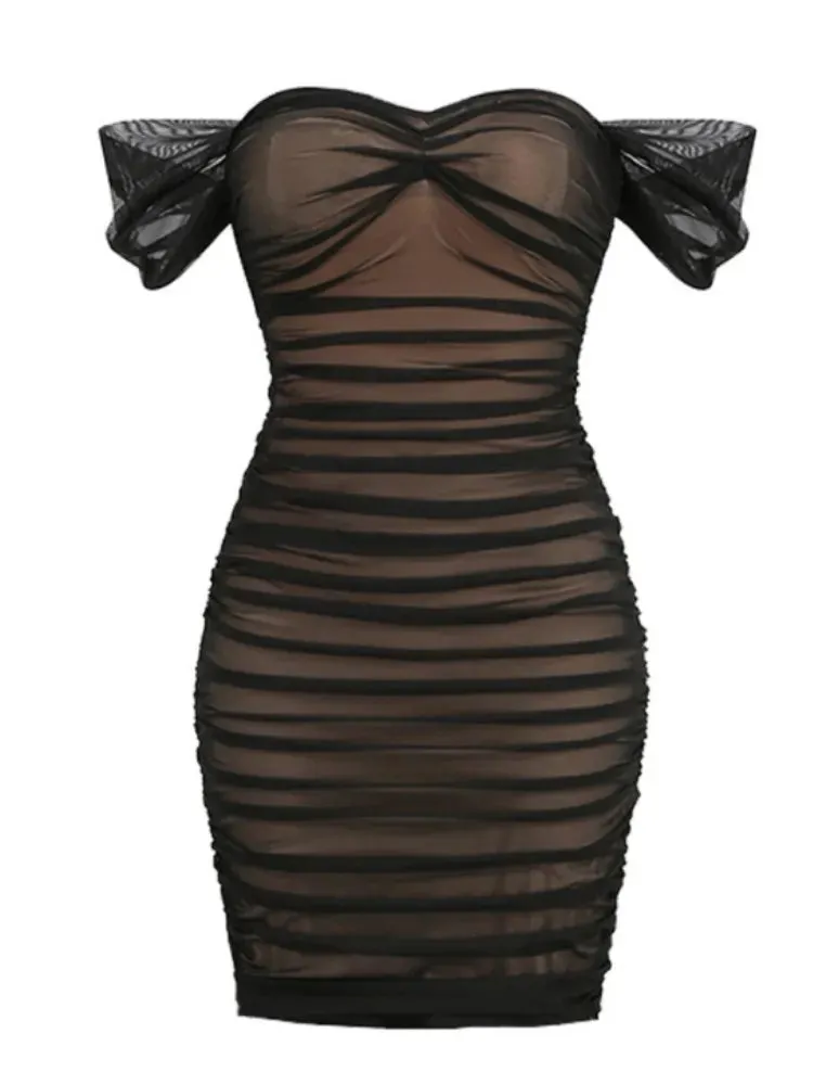 A&A Off The Shoulder Mesh Ruched Midi Bodycon  Dress