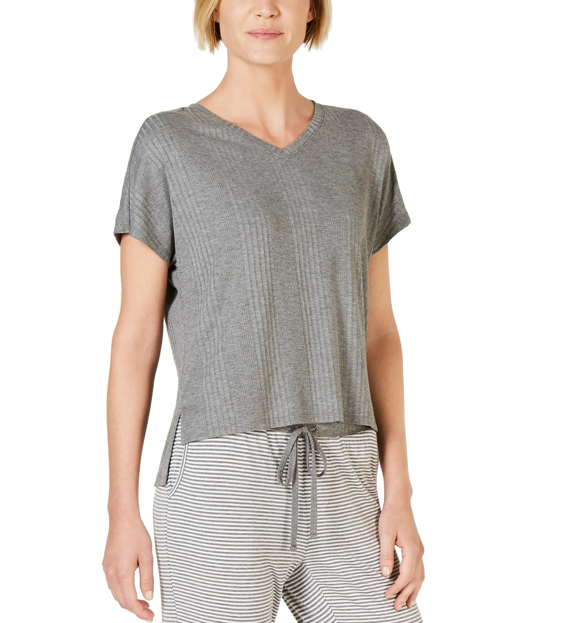 Alfani Women's Super Soft Ribbed Pajama Knit Top, Pewter, XL