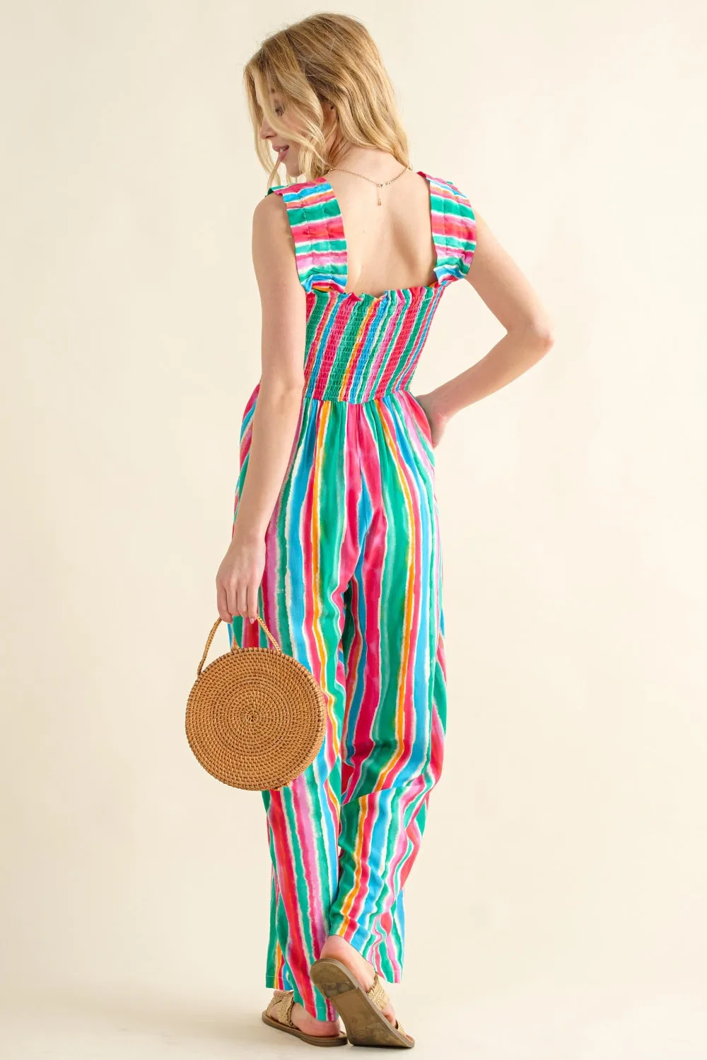 And The Why Full Size Striped Smocked Sleeveless Jumpsuit