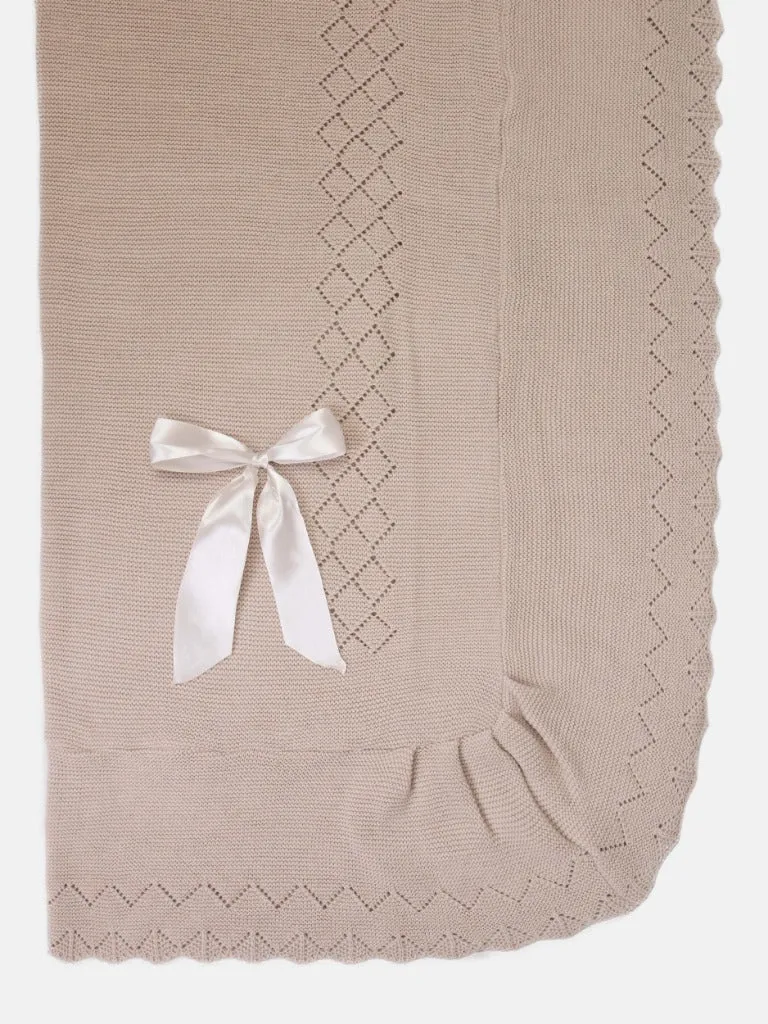 Baby Diamond Knitted Spanish Blanket with Satin Bow-Beige