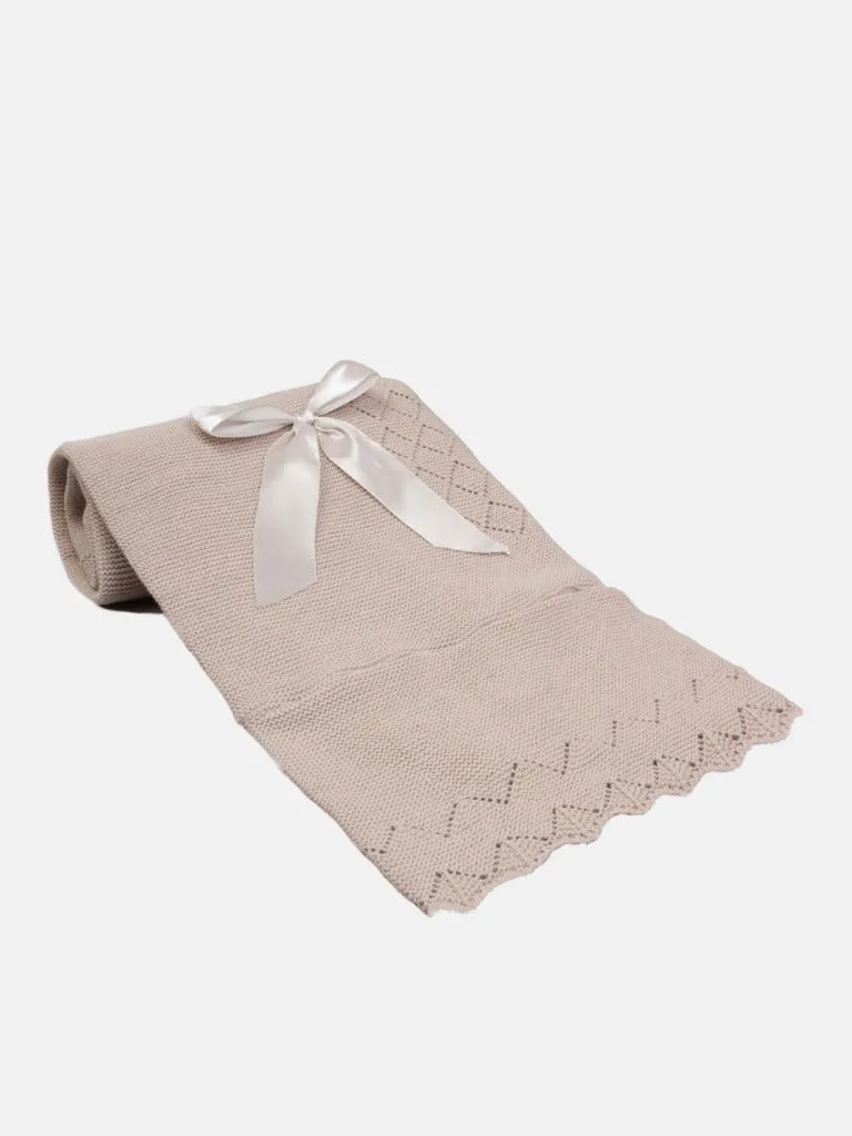 Baby Diamond Knitted Spanish Blanket with Satin Bow-Beige