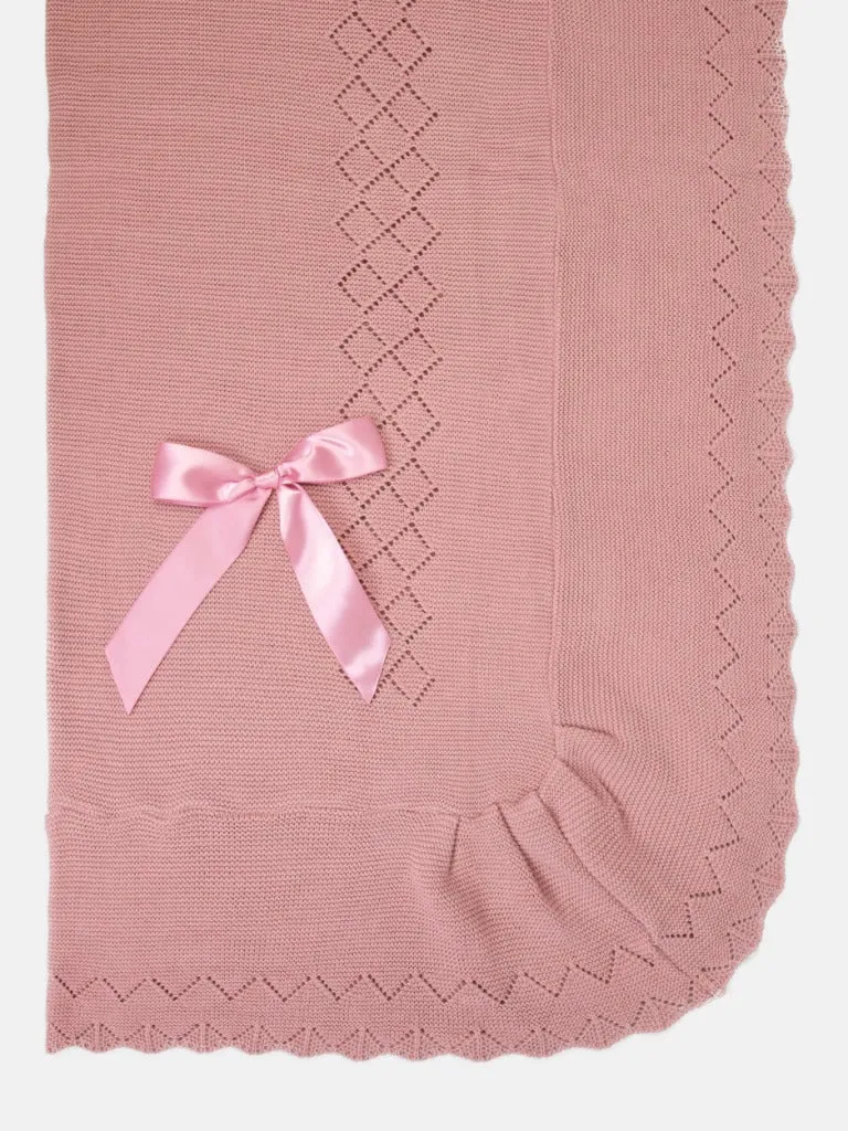 Baby Diamond Knitted Spanish Blanket with Satin Bow-Dusty Pink