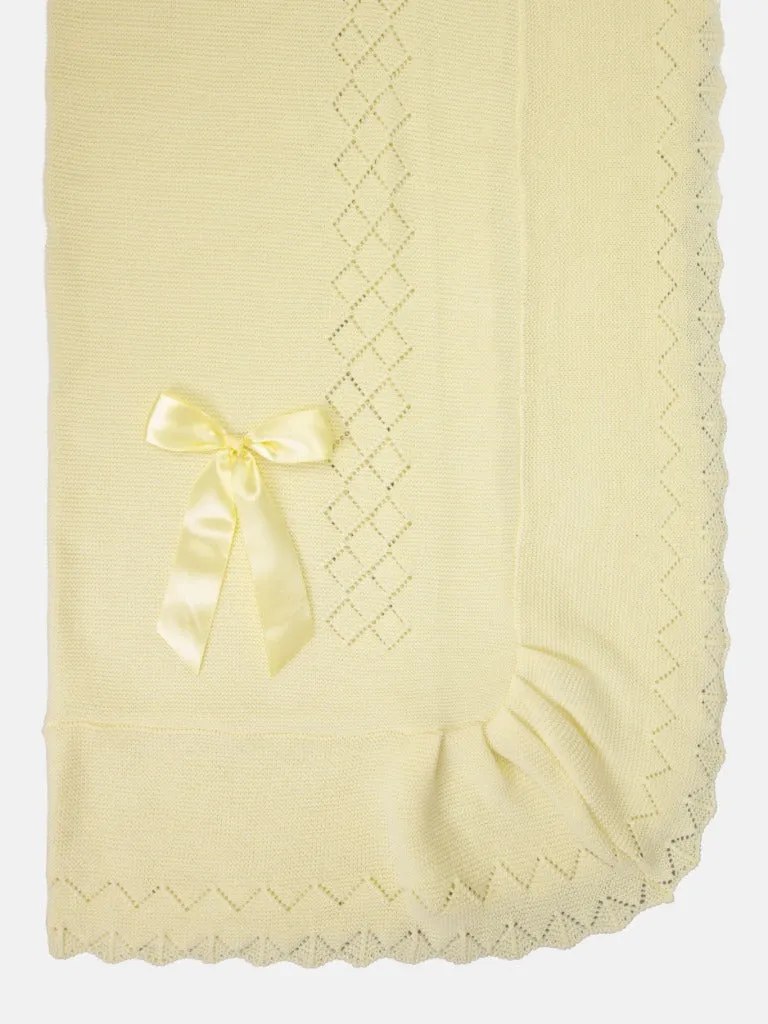 Baby Diamond Knitted Spanish Blanket with Satin Bow-Yellow