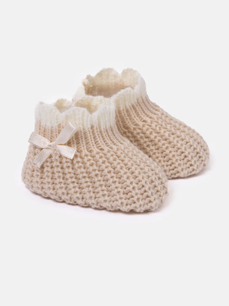 Baby Unisex Knitted Booties with Satin Bow - Beige