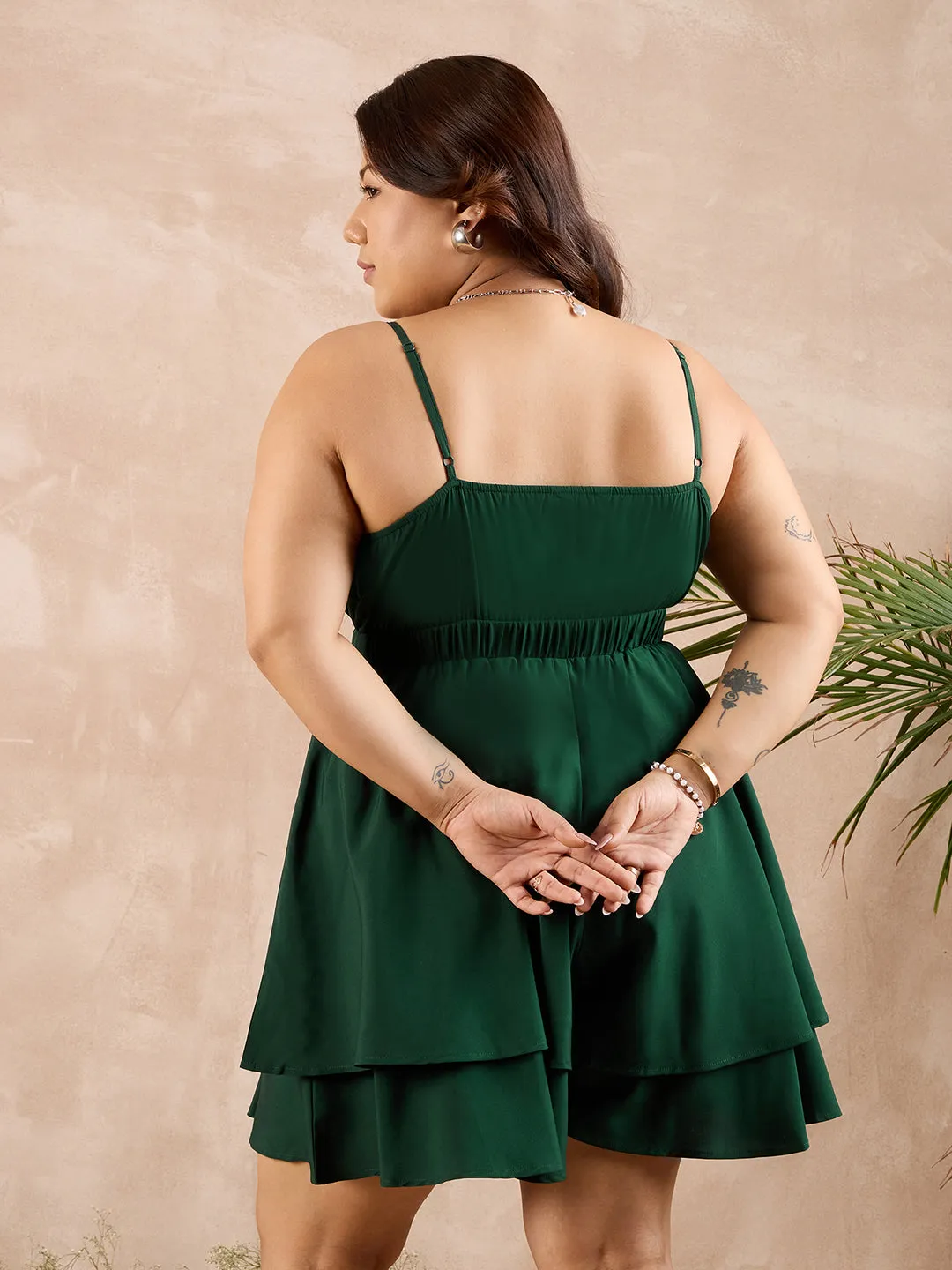 Berrylush Curve Women Solid Green V-Neck Sleeveless Elastic Waist Wrap Layered Mini Playsuit