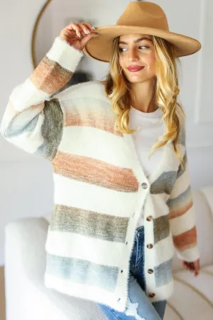 Button Down Stripe Soft Fuzzy Cardigan Sweater