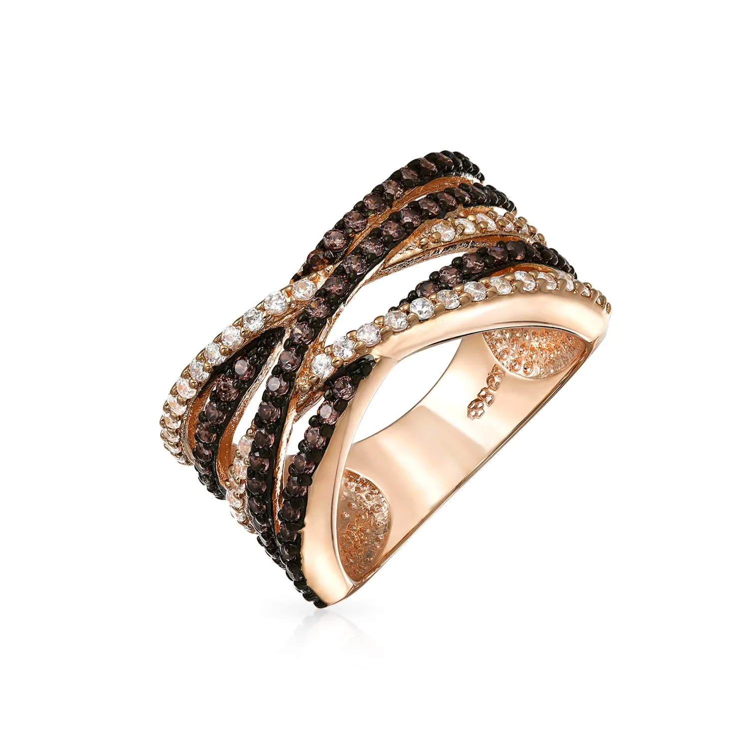 Criss Cross Two Tone Brown AAA CZ Band Ring Rose Gold Plated Brass