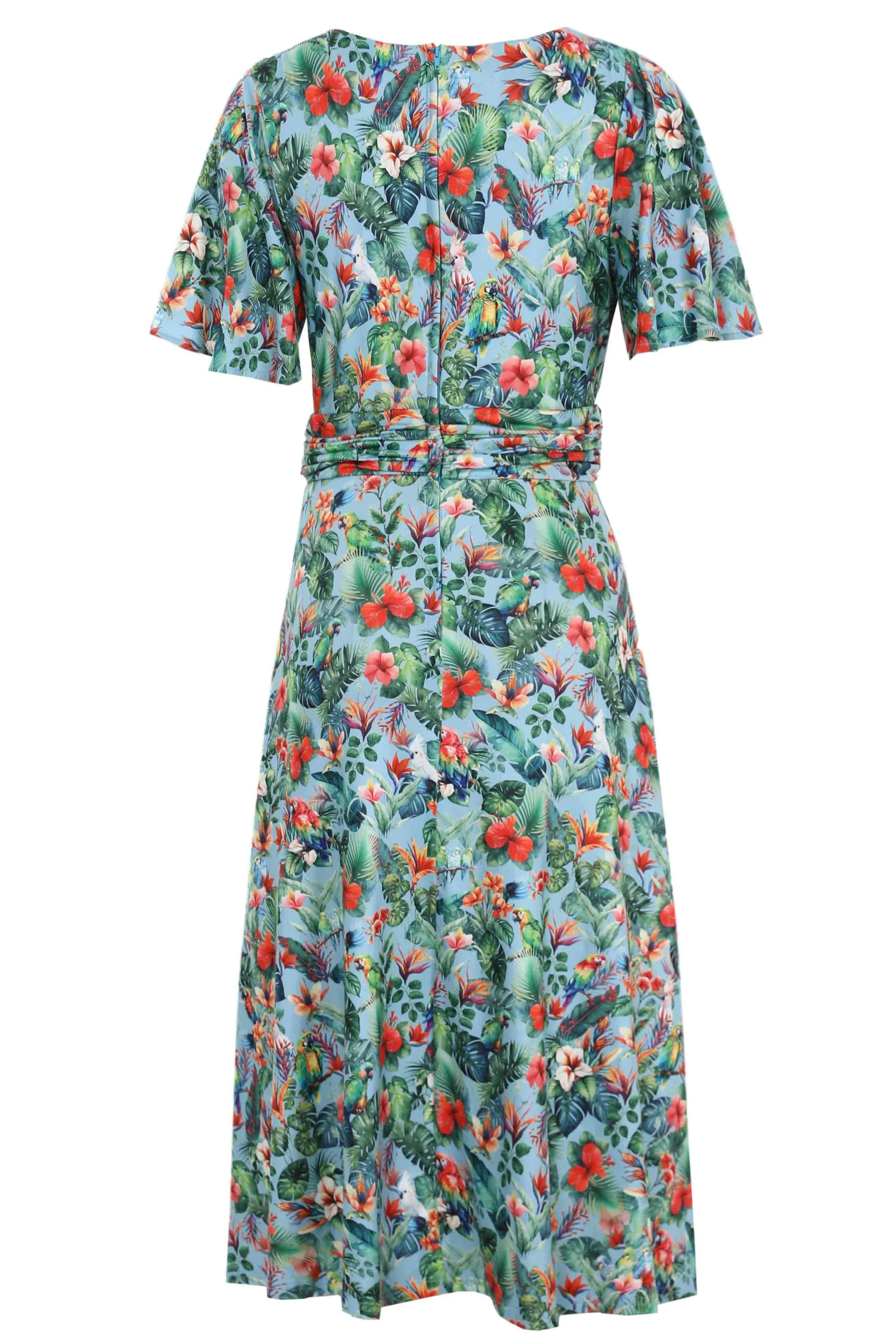 Donna Baby Blue Tropical Parrot Hibiscus Day Dress