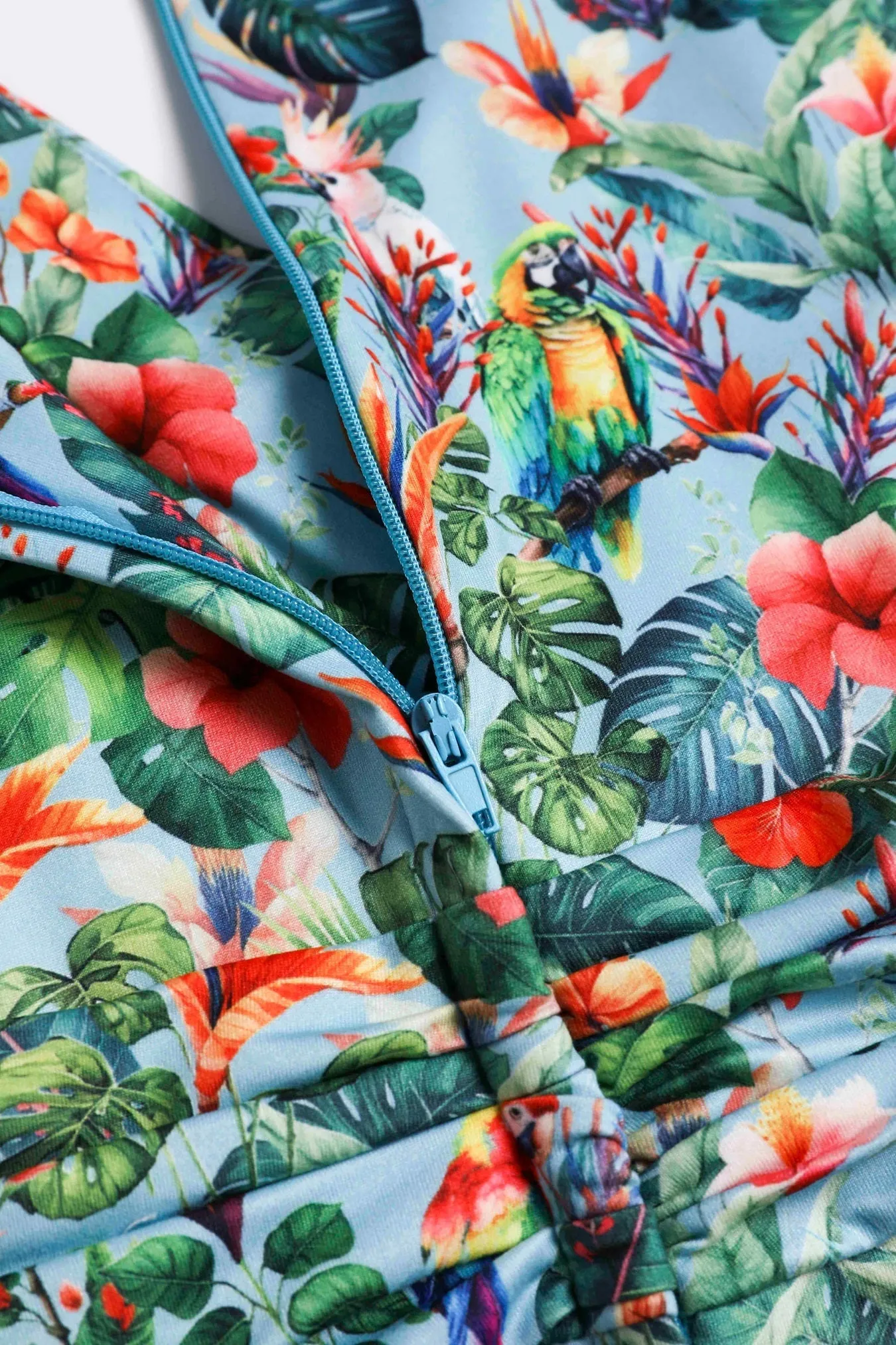 Donna Baby Blue Tropical Parrot Hibiscus Day Dress