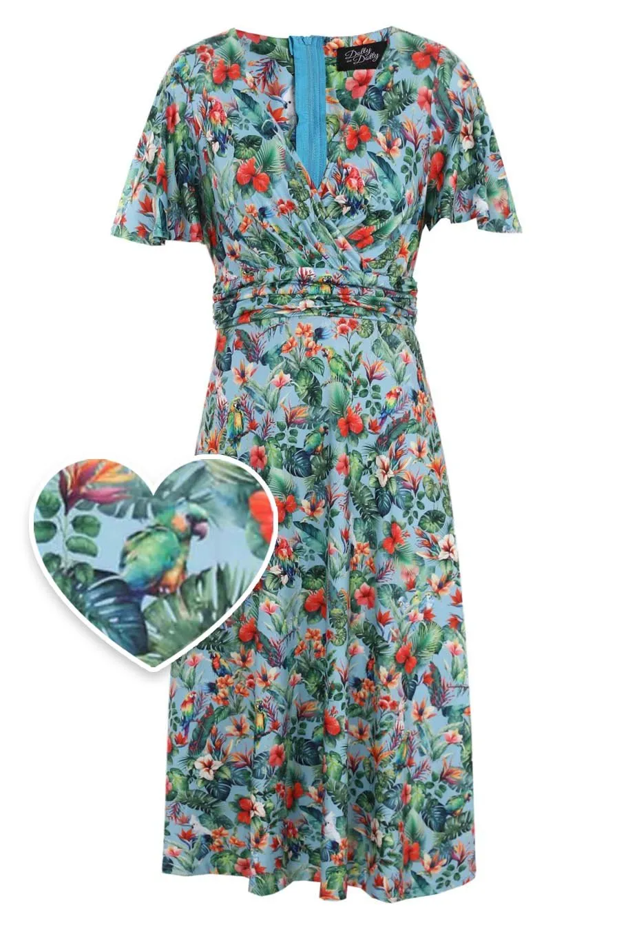 Donna Baby Blue Tropical Parrot Hibiscus Day Dress