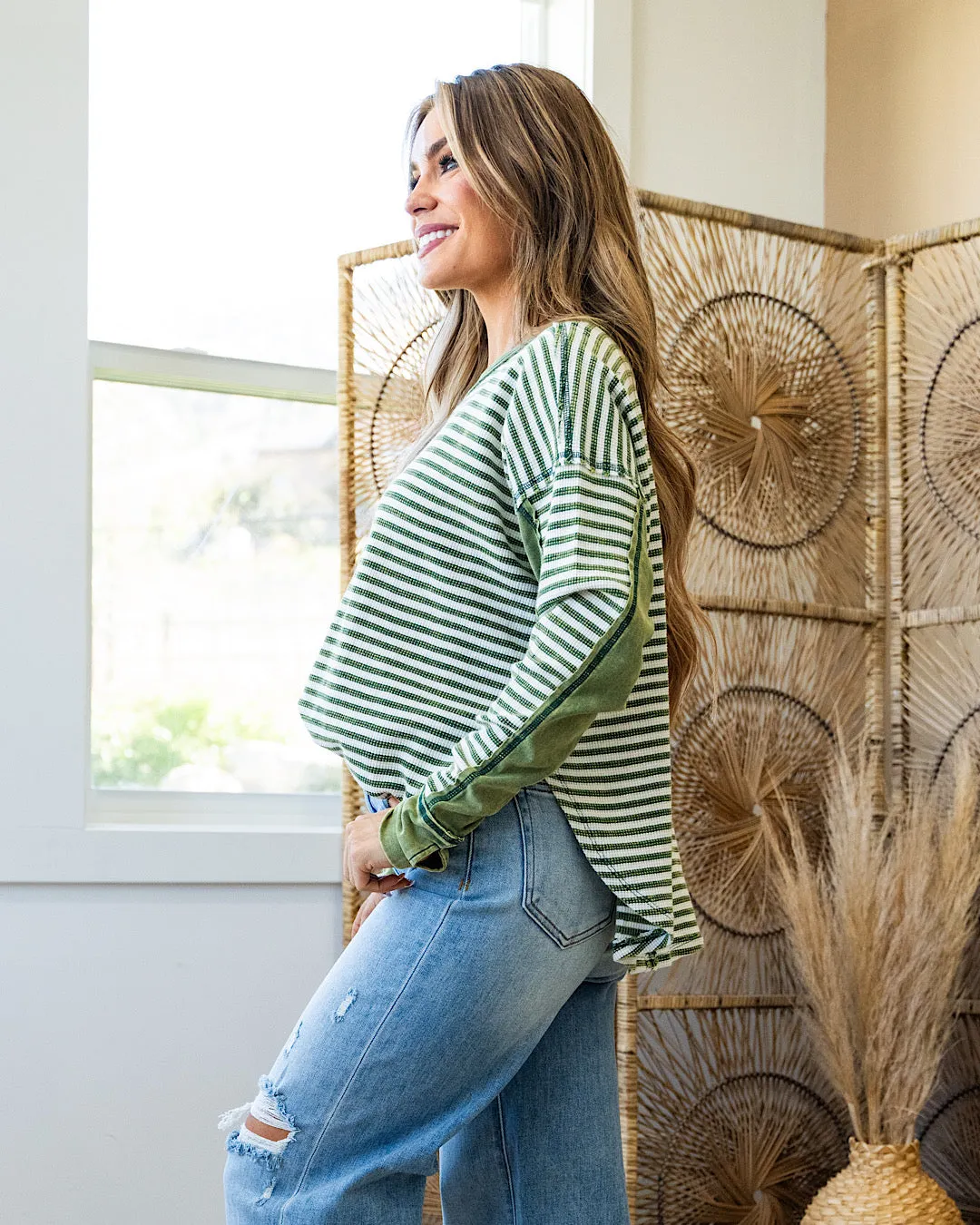 Extra Credit Striped Thermal Top - Green