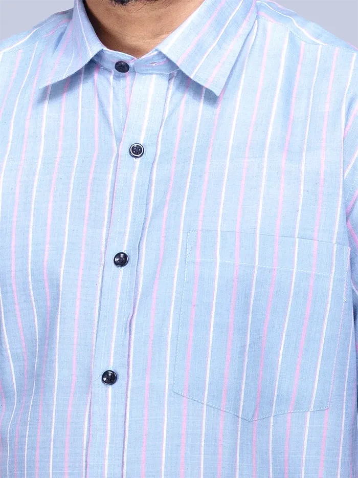 Glaucous Color Handwoven Organic Cotton Striped Casual Men Shirt