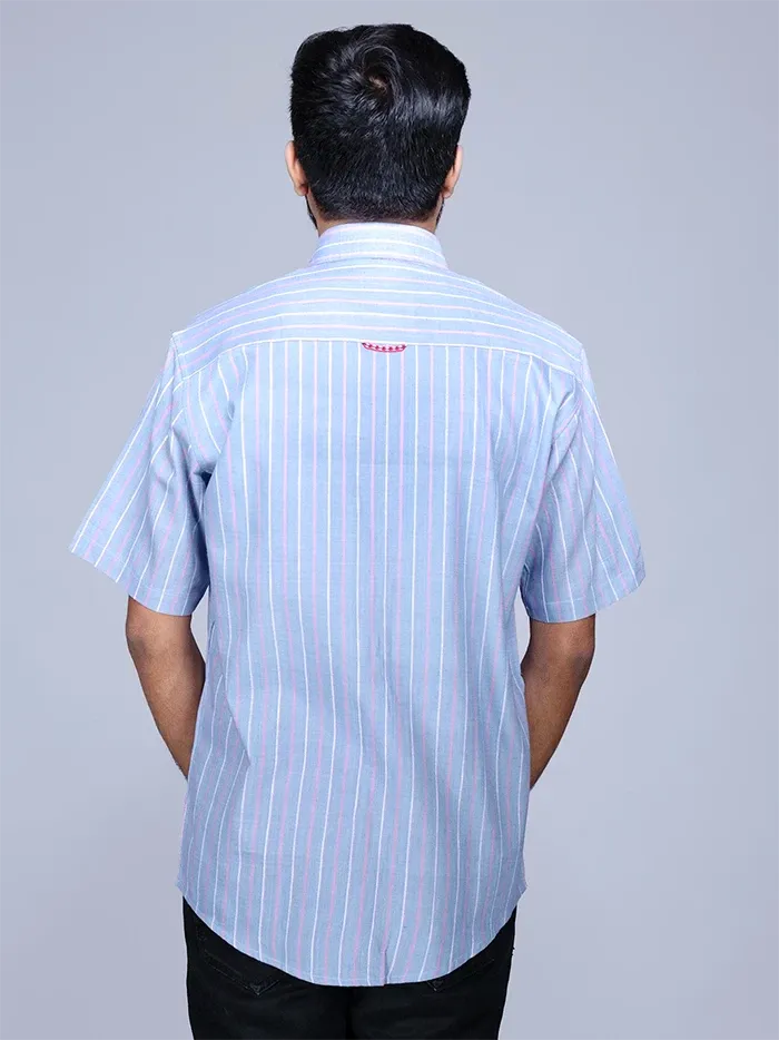 Glaucous Color Handwoven Organic Cotton Striped Casual Men Shirt