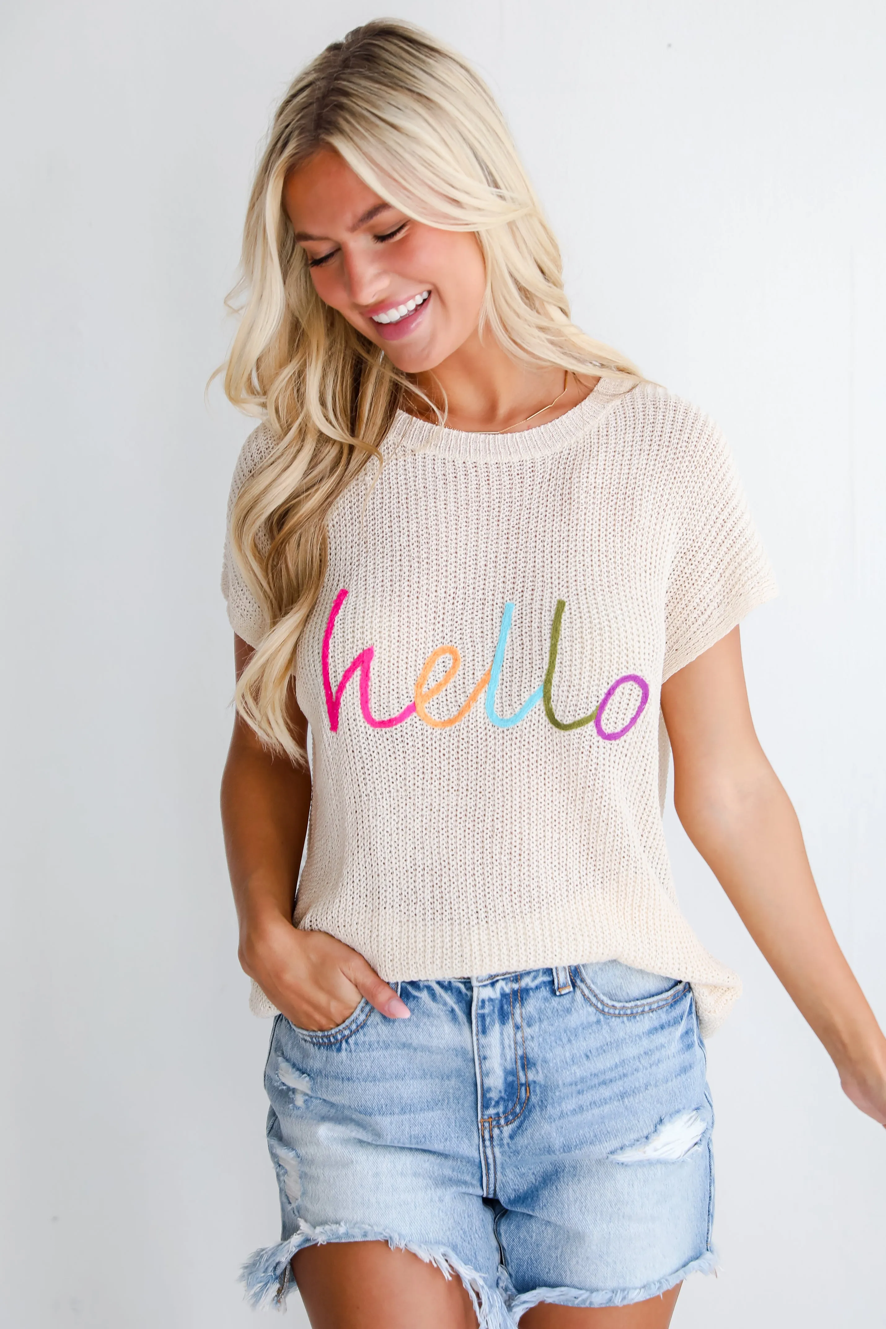 Hello Cream Lightweight Knit Top