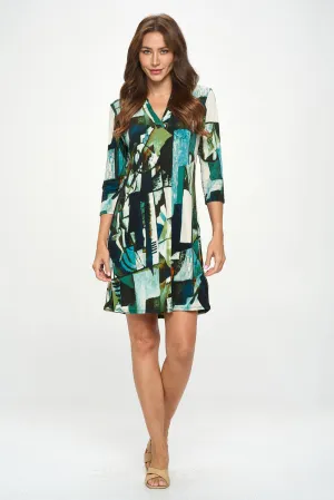 HIT Notch Neck Quarter Sleeve Print Dress-7076HT-QRP1-W427