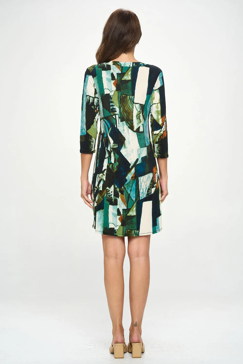 HIT Notch Neck Quarter Sleeve Print Dress-7076HT-QRP1-W427