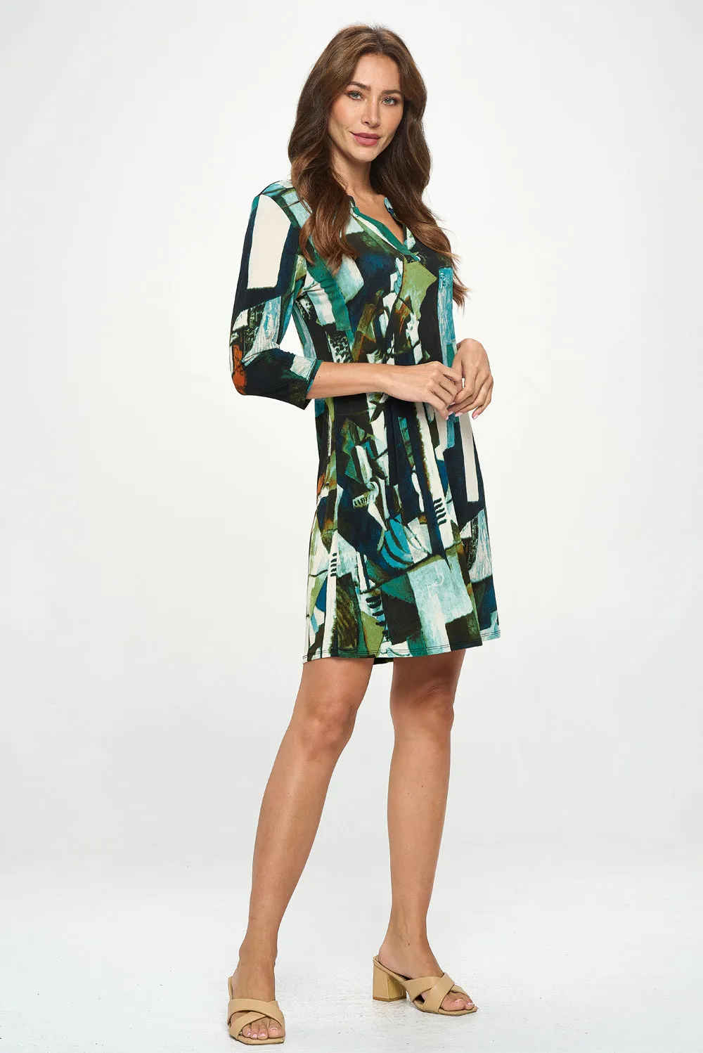 HIT Notch Neck Quarter Sleeve Print Dress-7076HT-QRP1-W427