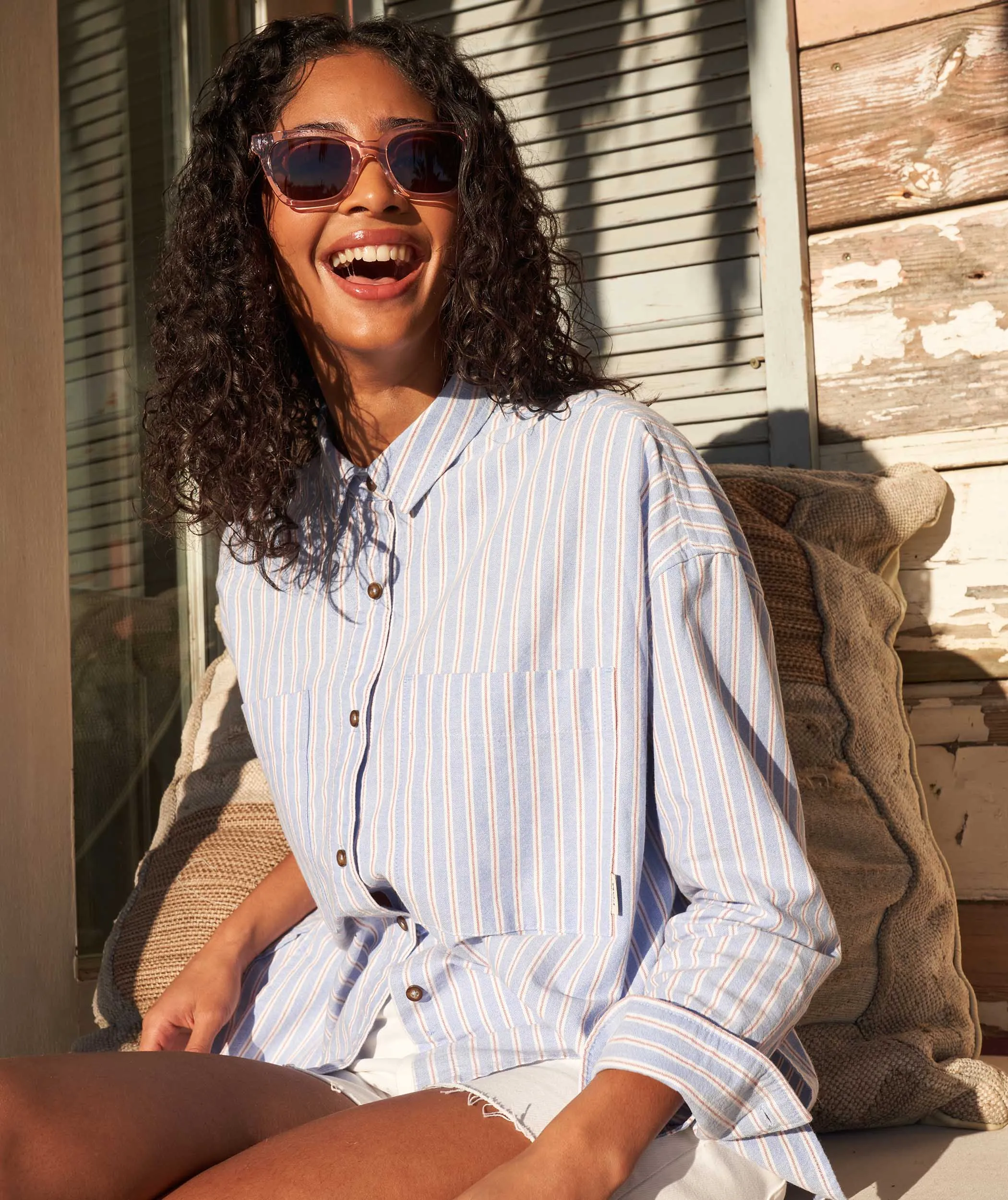 Ladies Oxford Long Sleeve Shirt - Sky Blue Stripe