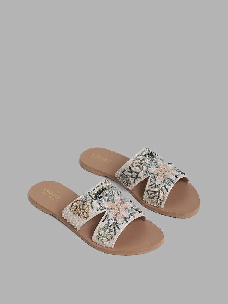 LUNA BLU Ivory Beaded Floral Embroidered Slides