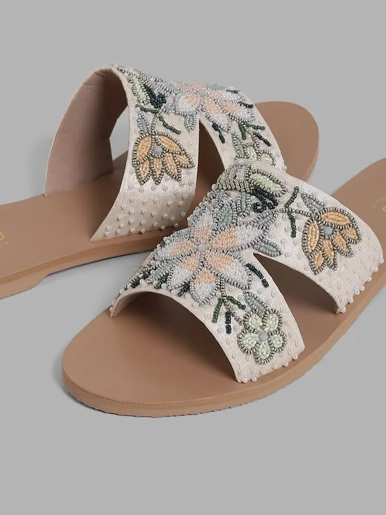 LUNA BLU Ivory Beaded Floral Embroidered Slides