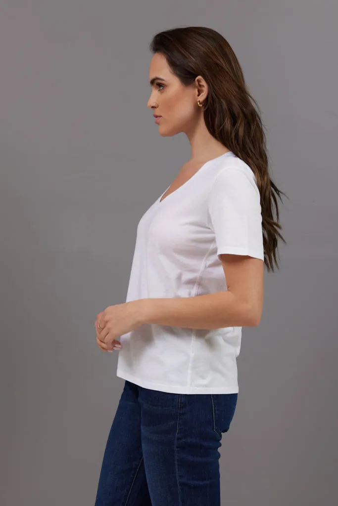 Majestic Short Sleeve Cotton V-Neck Tee in Blanc