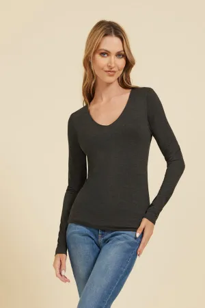 Majestic Soft Touch Long Sleeve Merrow Edge V-Neck in Anthracite