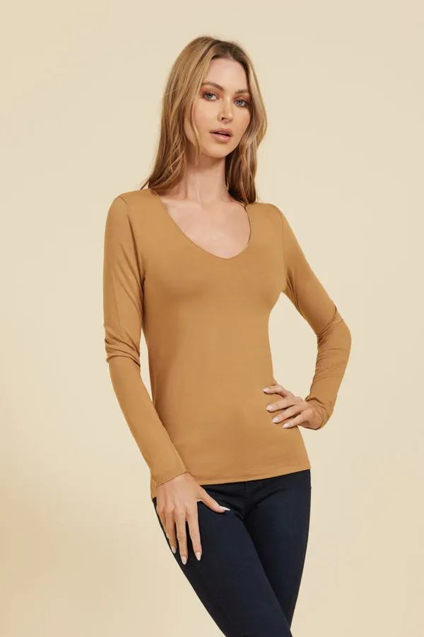 Majestic Soft Touch Long Sleeve Merrow Edge V-Neck in Chamois