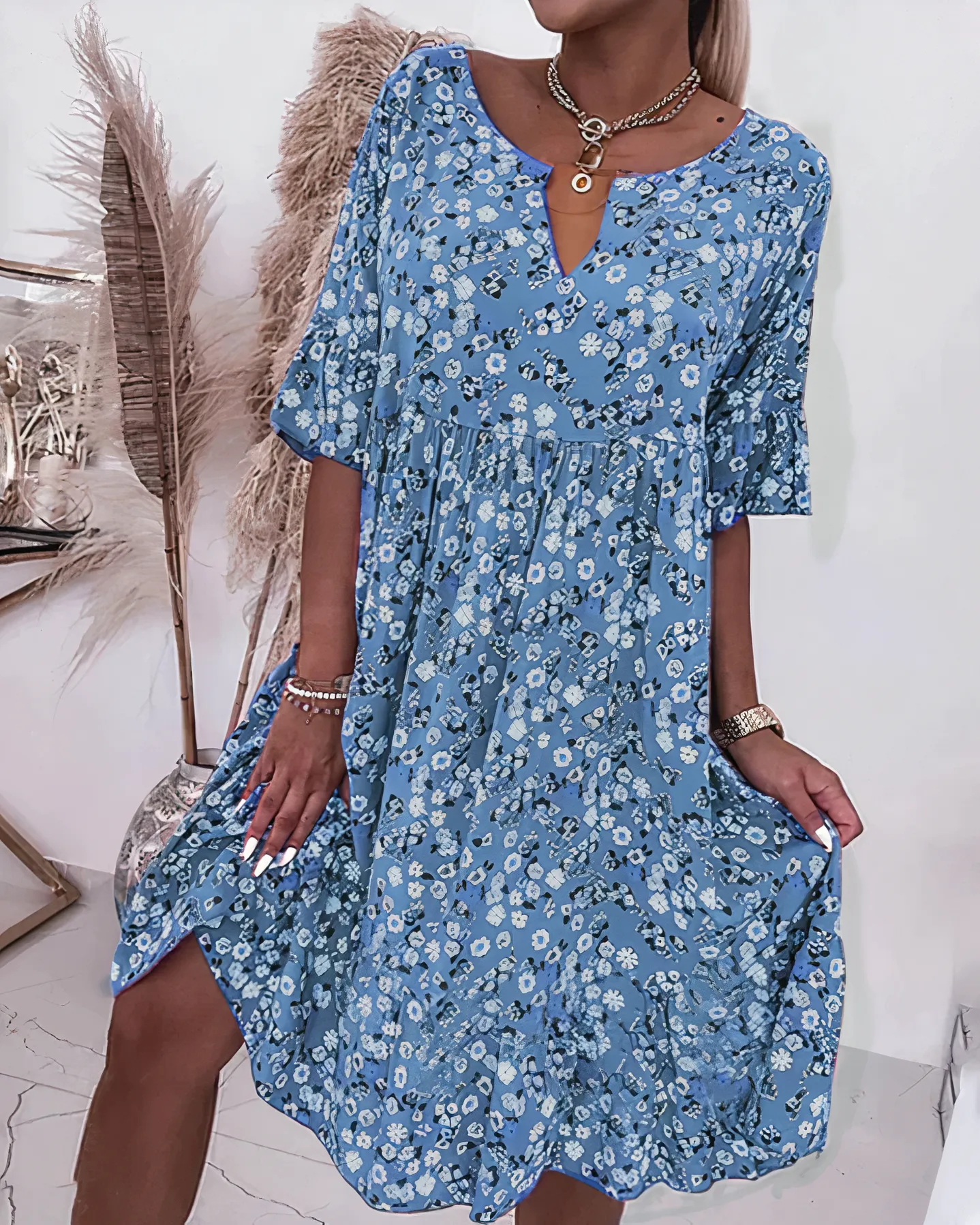 Nadia - Floral Print Midi Dress with Half Sleeves