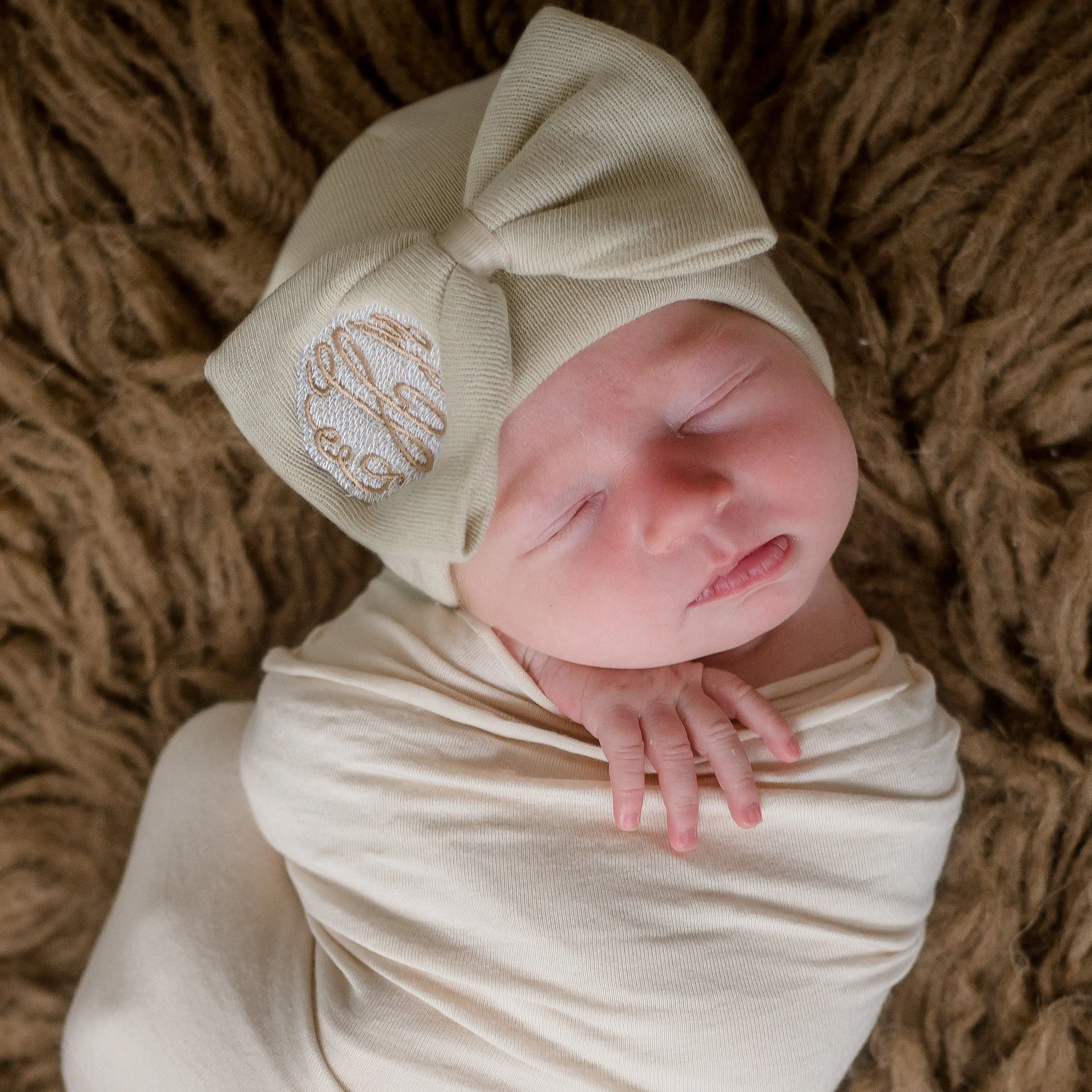 Oatmeal Bow Beanie with White or Pink Ribbon Center - Oatmeal Hospital Hat - Monogram Optional