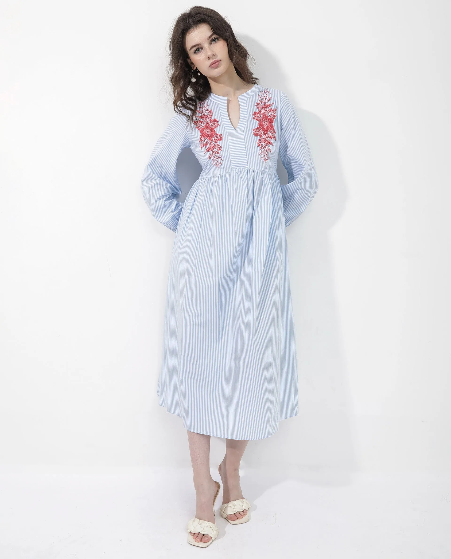 Rareism Women Calia Blue Cotton Fabric Regular Sleeves Collared Neck Solid Longline Dress