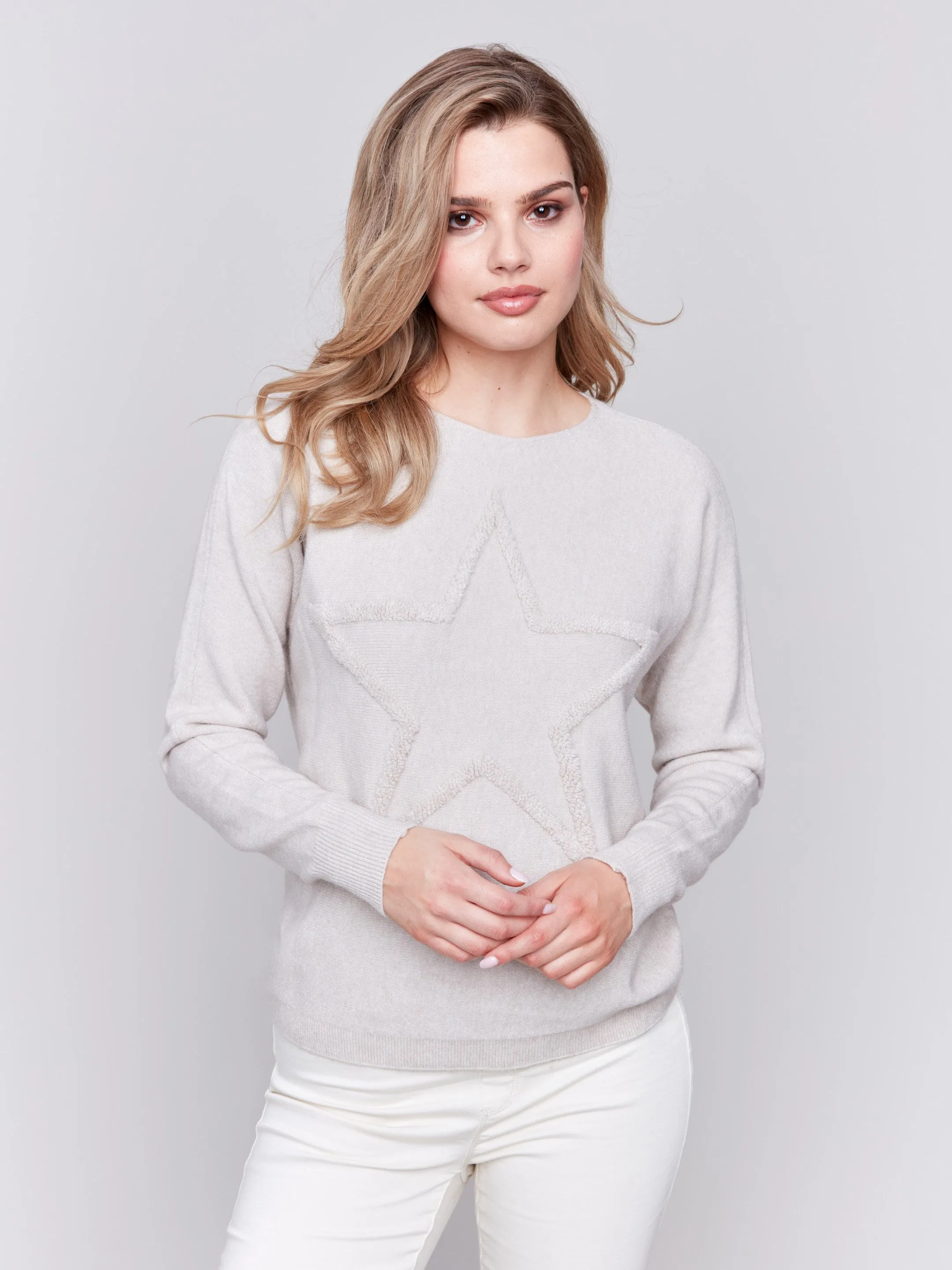 Sweater with Fringed Embroidery - Almond