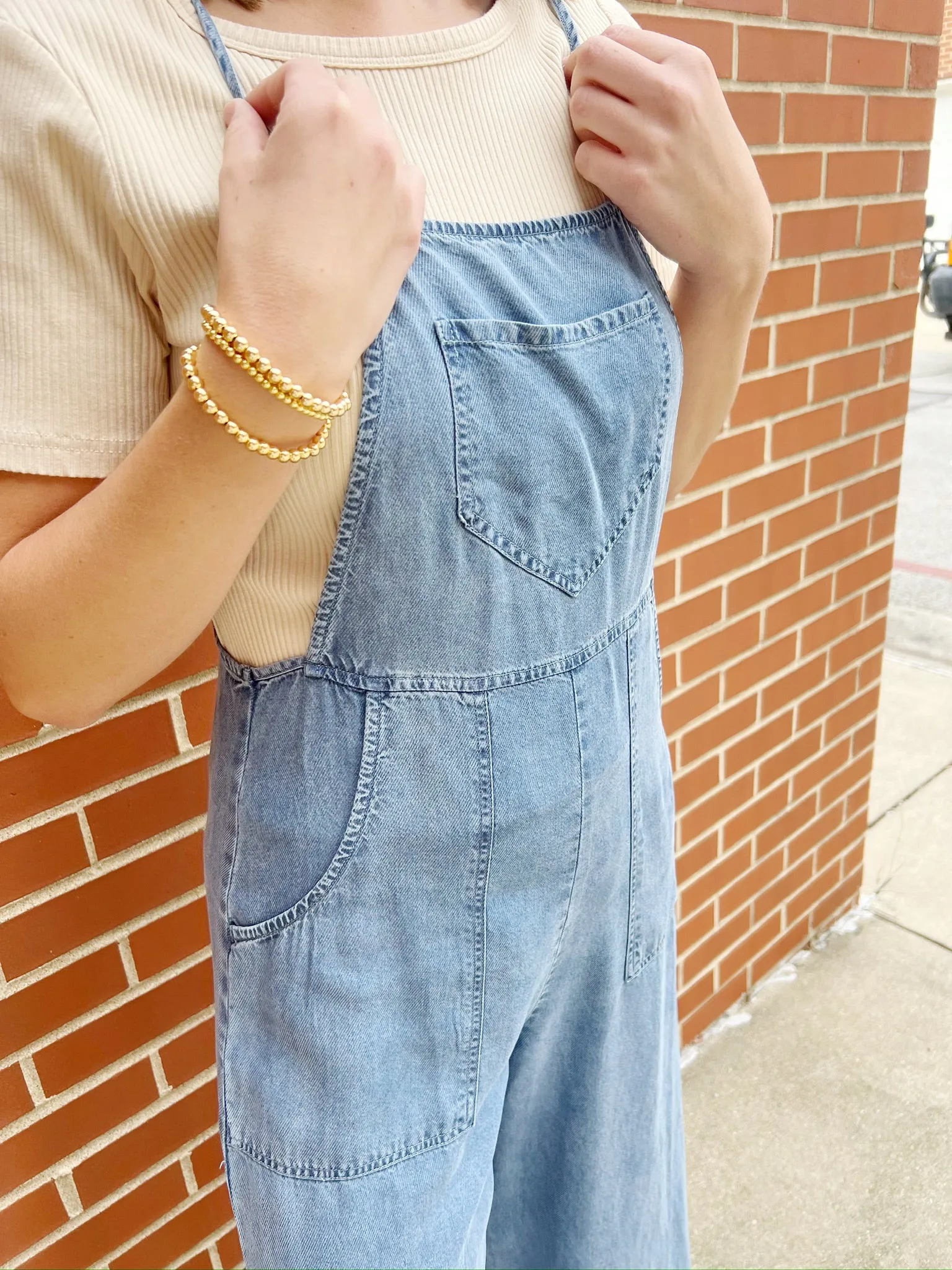 Tie Shoulder Soft Denim Jumpsuit