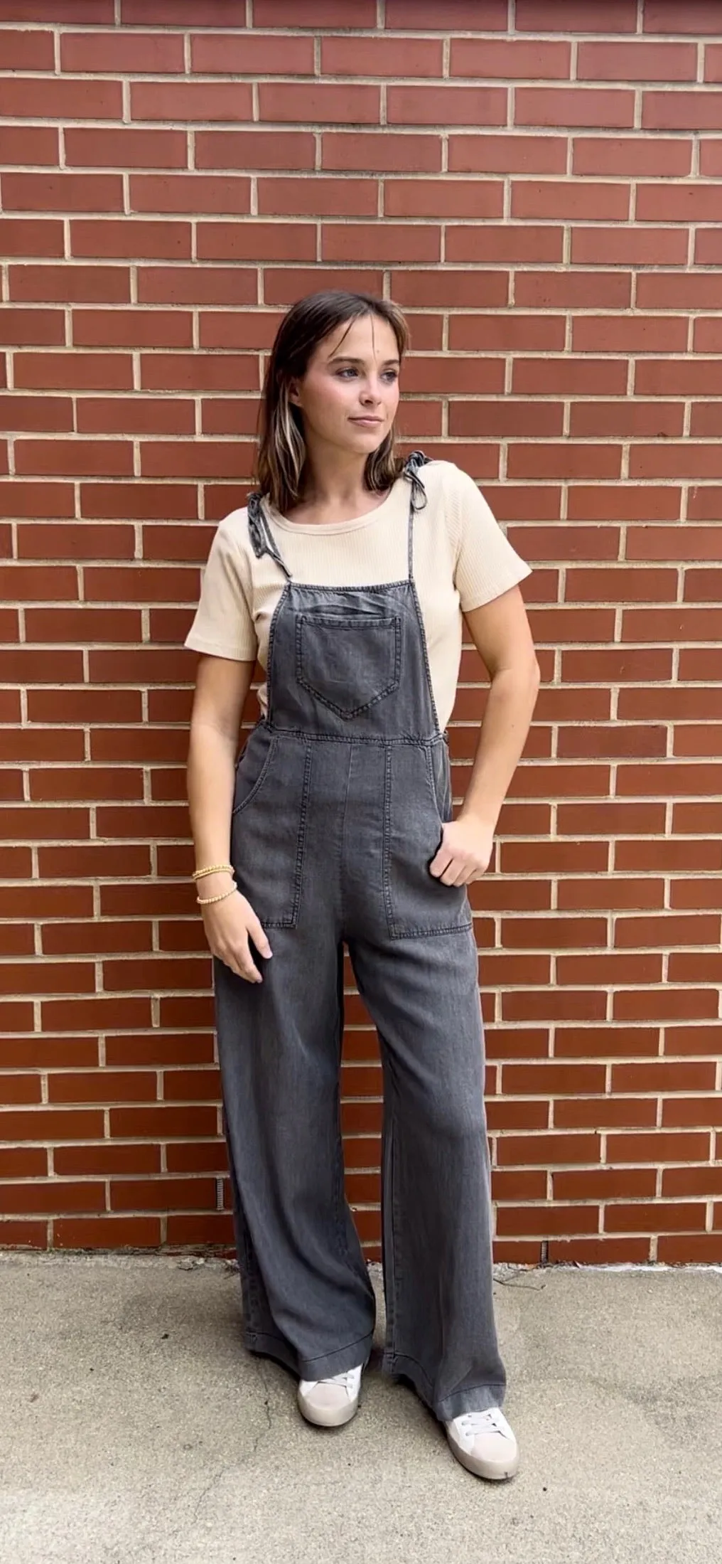 Tie Shoulder Soft Denim Jumpsuit