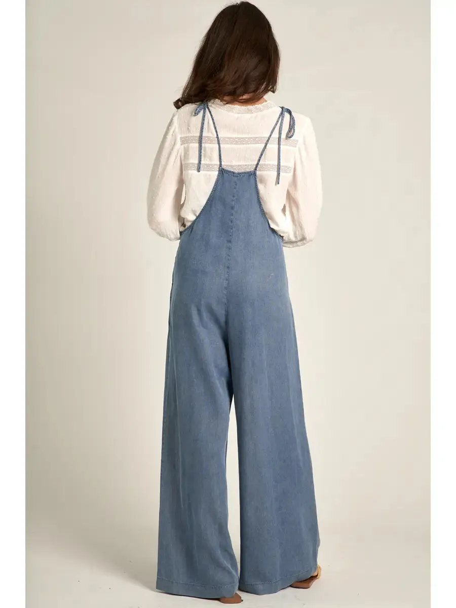 Tie Shoulder Soft Denim Jumpsuit