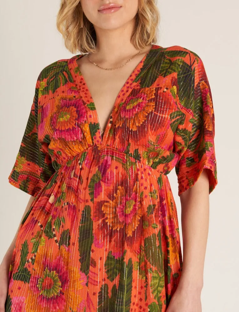 Tropical Reef V-Neck Feathered Midi Dress in Multi