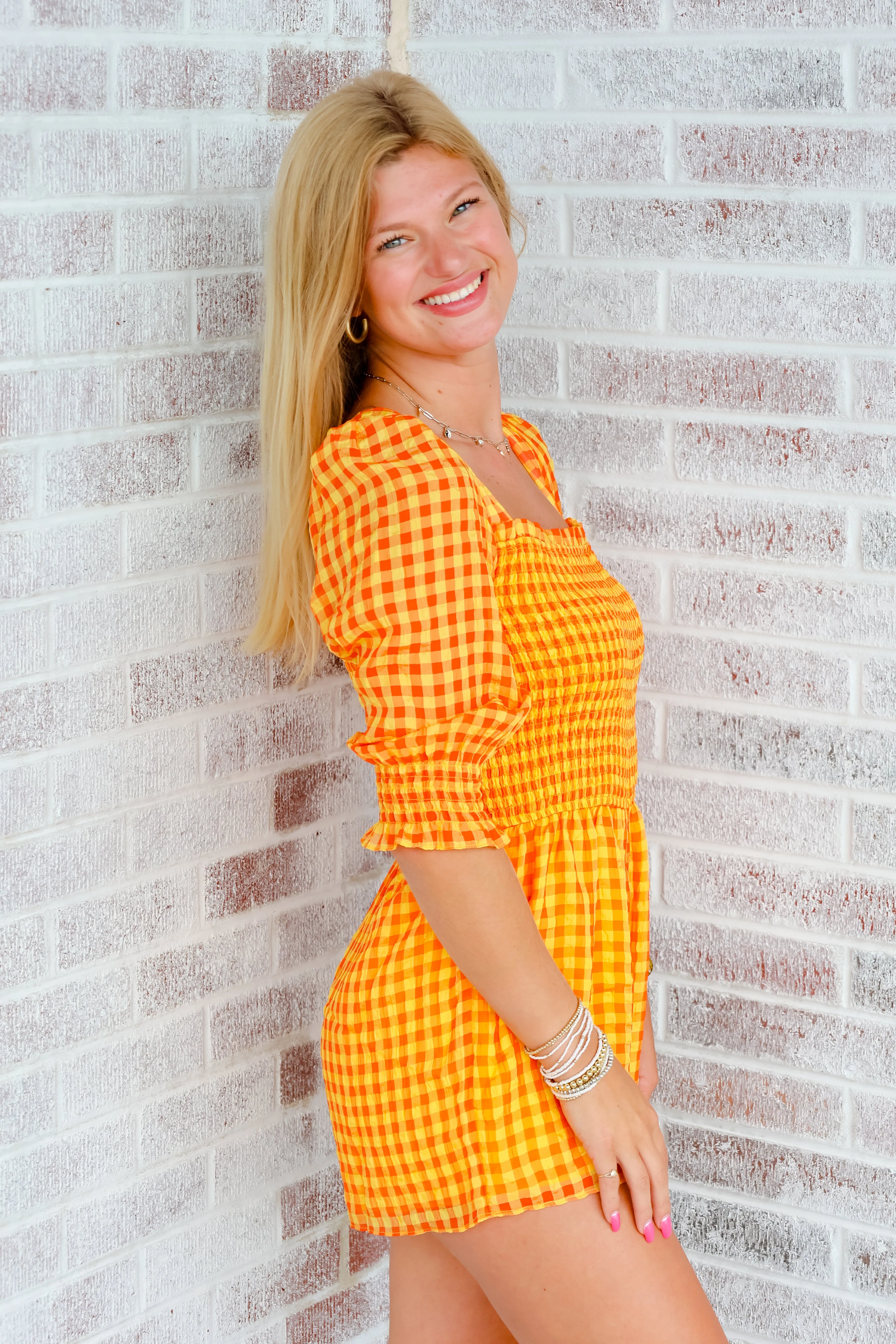 Waiting On Smokey Smocked Bodice Gingham Romper