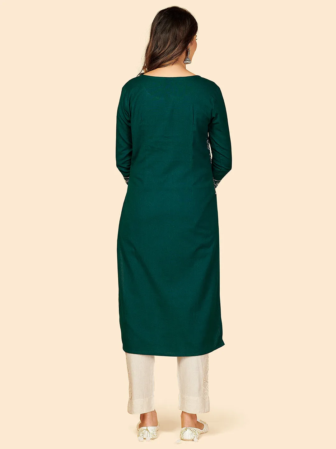 Women'S Embroidered & Sequience Work Straight Cotton Dark Green Stitched Kurta