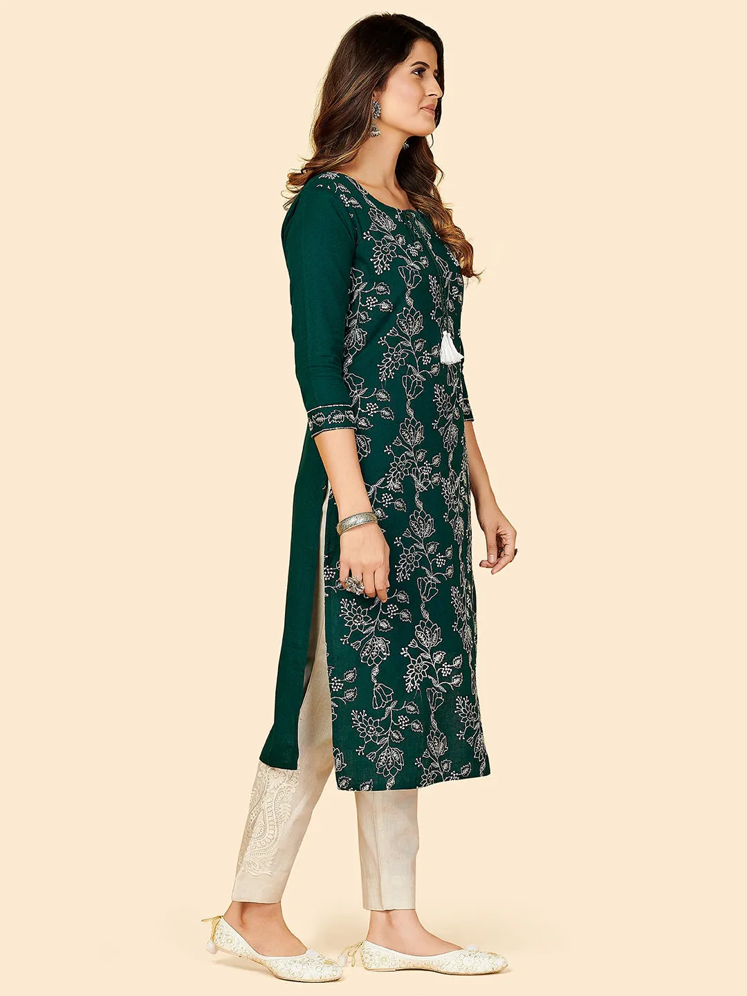 Women'S Embroidered & Sequience Work Straight Cotton Dark Green Stitched Kurta