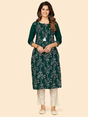 Women'S Embroidered & Sequience Work Straight Cotton Dark Green Stitched Kurta