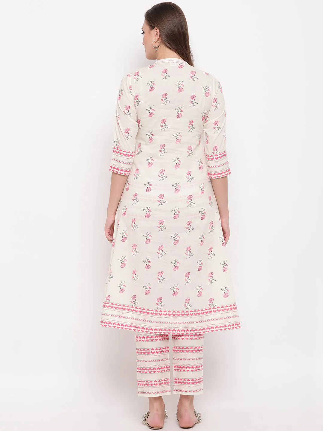 Women'S Floral Print & Embroidered A-Line Cotton White Kurti With Palazzo