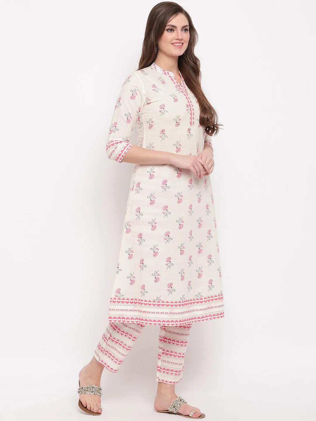 Women'S Floral Print & Embroidered A-Line Cotton White Kurti With Palazzo