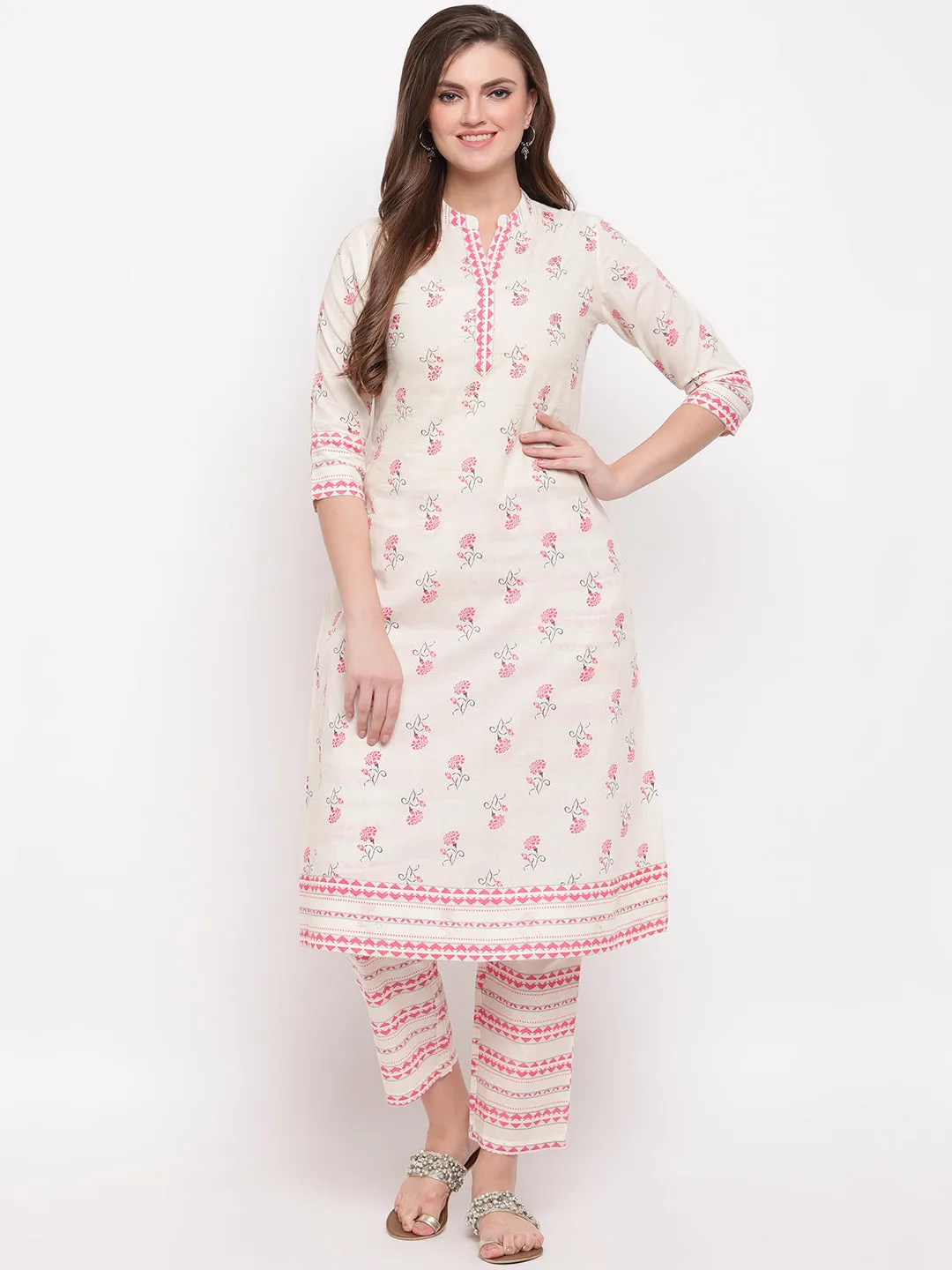 Women'S Floral Print & Embroidered A-Line Cotton White Kurti With Palazzo