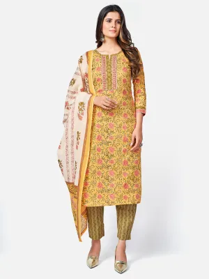 Women'S Floral Print & Sequence Work Straight Cotton Yellow Kurta Pant With Dupatta