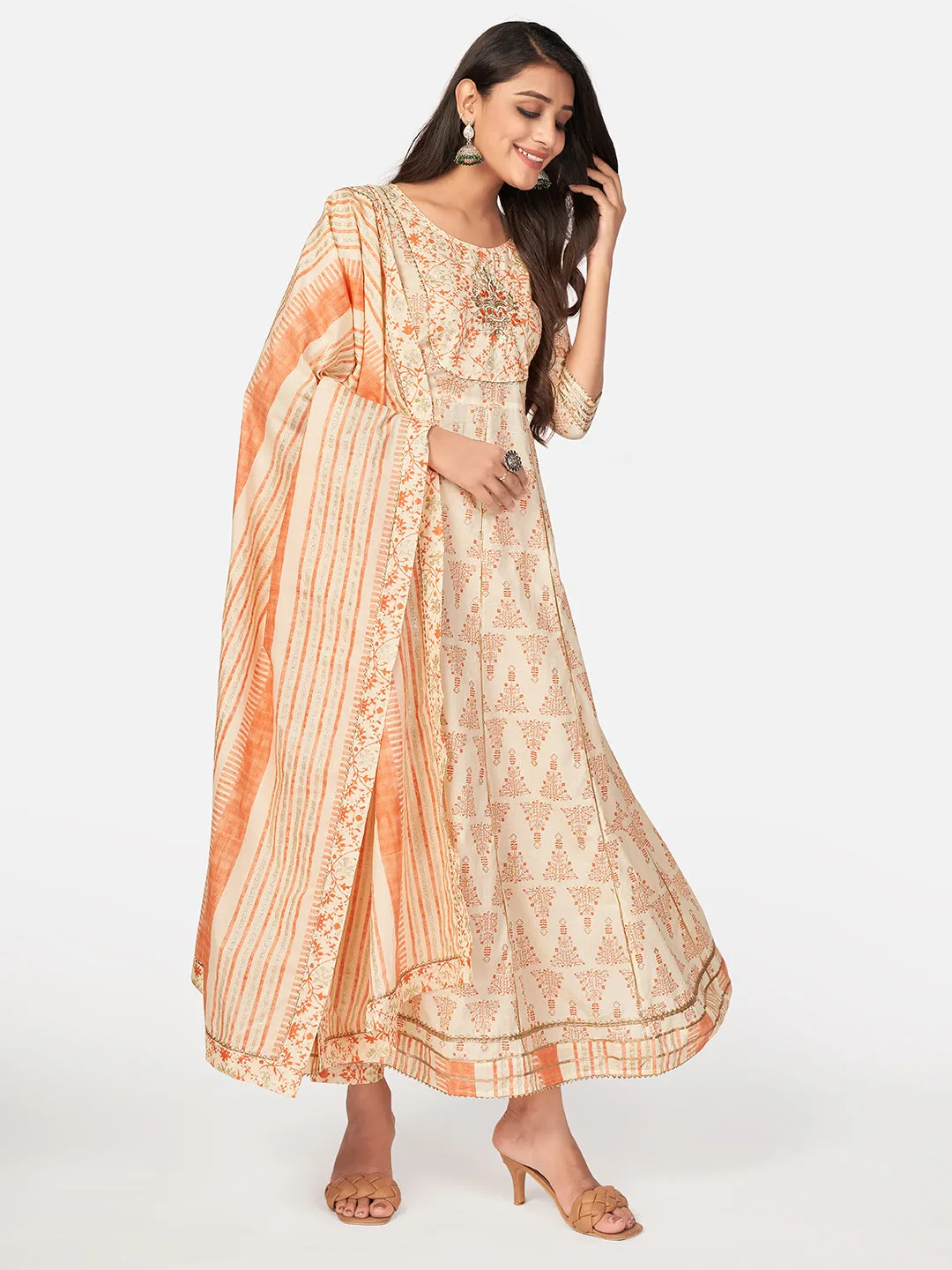 Women'S Foil Print & Embroidered Anarkali Cotton Beige Kurta Pant With Dupatta