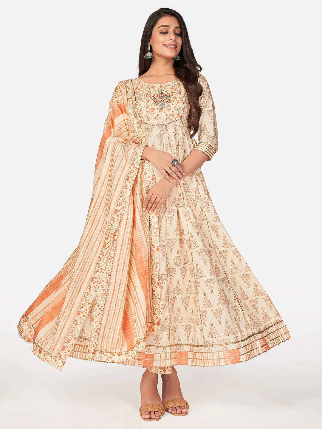 Women'S Foil Print & Embroidered Anarkali Cotton Beige Kurta Pant With Dupatta