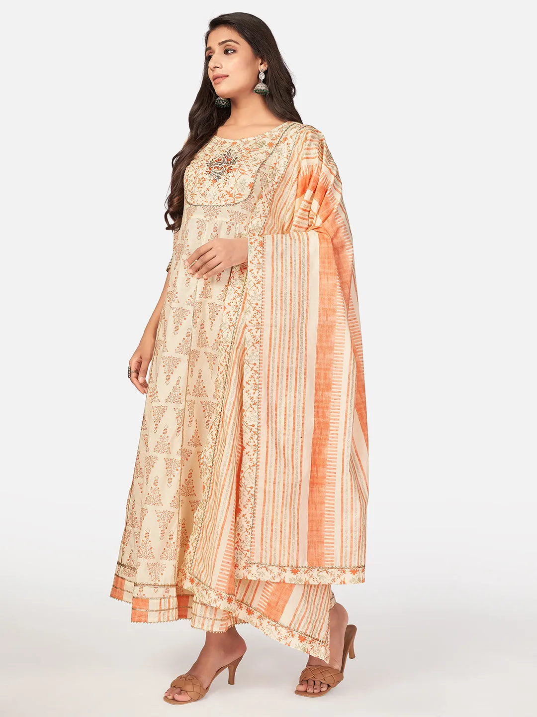 Women'S Foil Print & Embroidered Anarkali Cotton Beige Kurta Pant With Dupatta