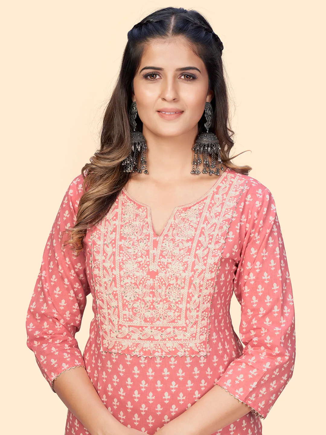 Women'S Print & Embroidered Straight Cotton Peach Stitched Kurta With Pant