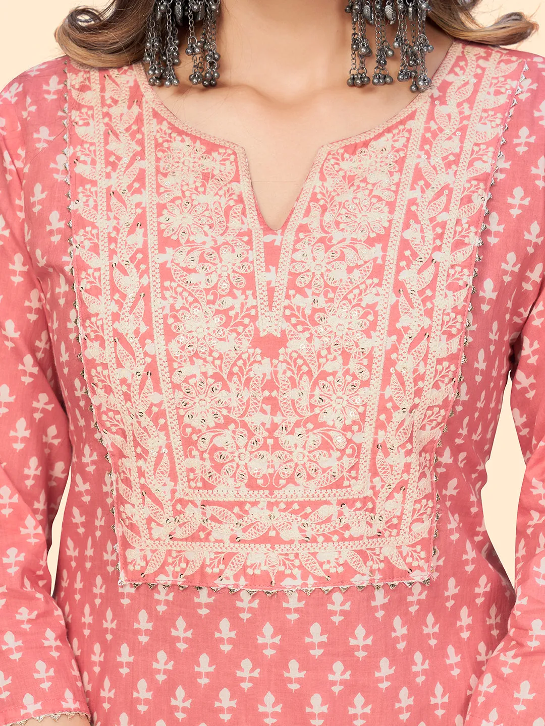 Women'S Print & Embroidered Straight Cotton Peach Stitched Kurta With Pant