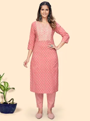 Women'S Print & Embroidered Straight Cotton Peach Stitched Kurta With Pant