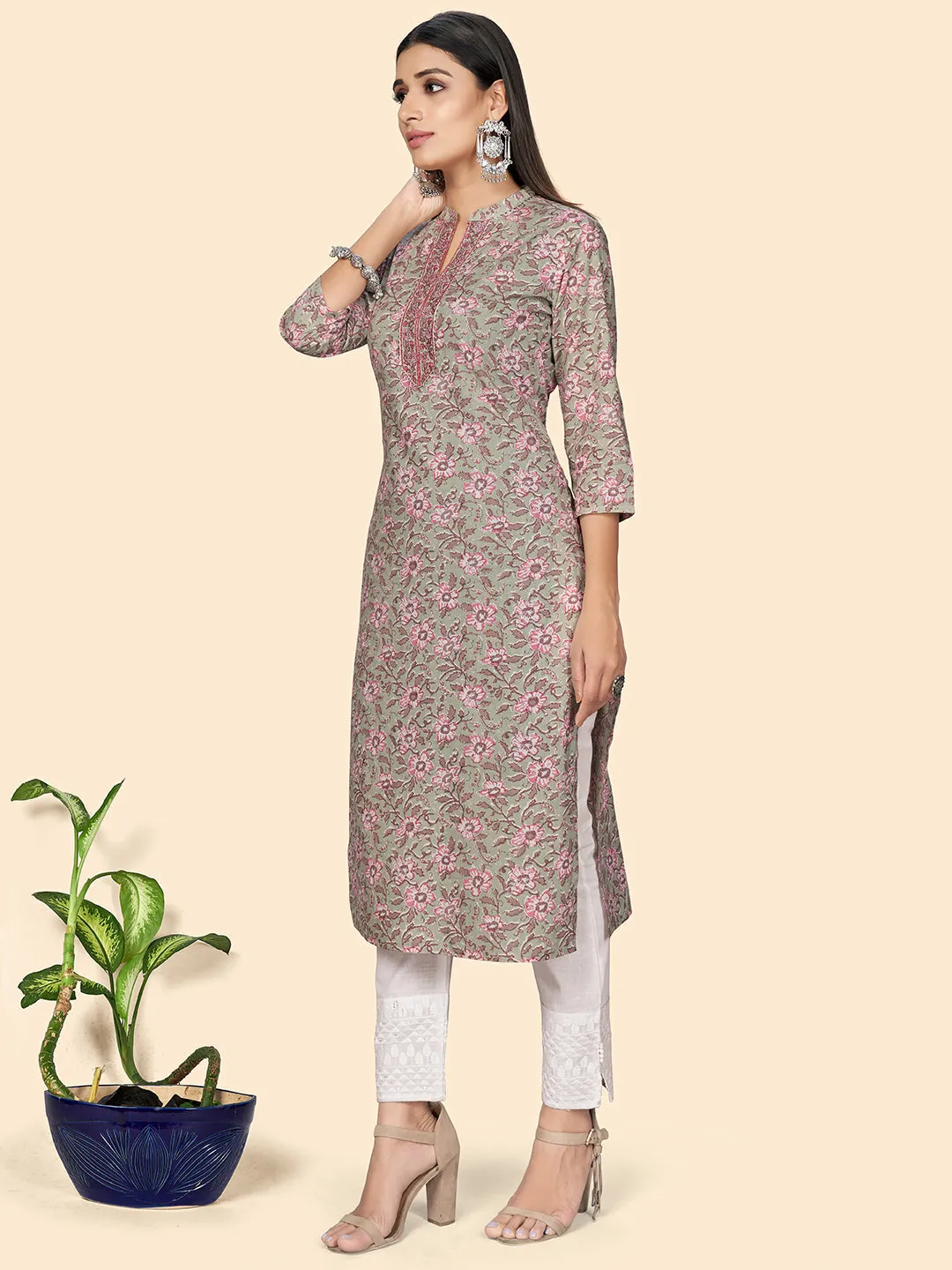 Women'S Print & Embroidered Straight Cotton Teal Green Stitched Kurta